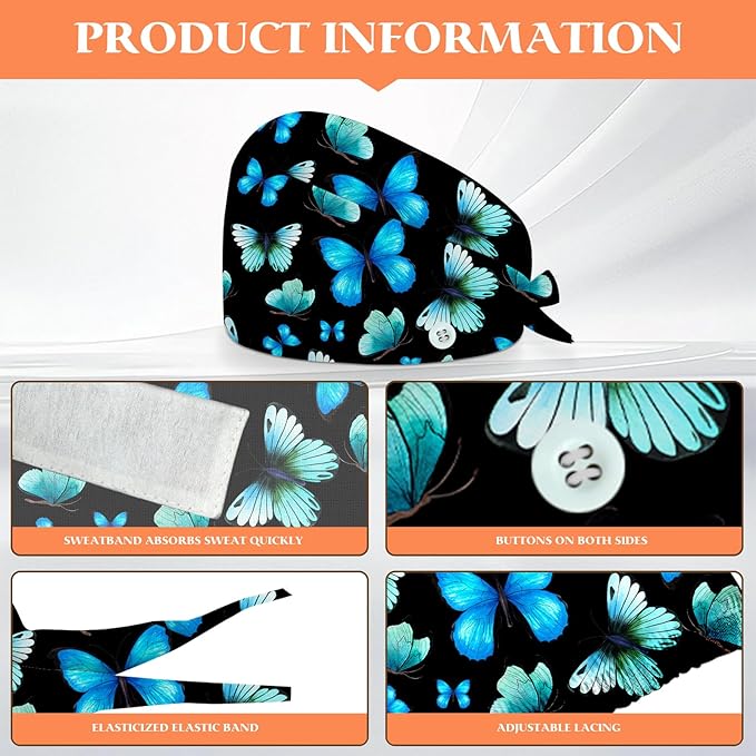 Adjustable Scrub Cap with Buttons & Sweatband, Working Hat with Elastic Tie Back, Unisex Nurse Surgical Caps for Women & Men