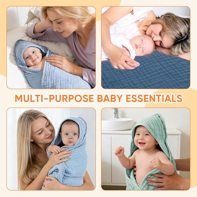 MIGIOL Muslin Baby Towels 100% Cotton ，Super Soft Muslin Baby Bath Towel - 32 x 32 Inches, Suitable for Newborn and Young Children up to 3 Years Old. (Light Blue & Dark Blue)