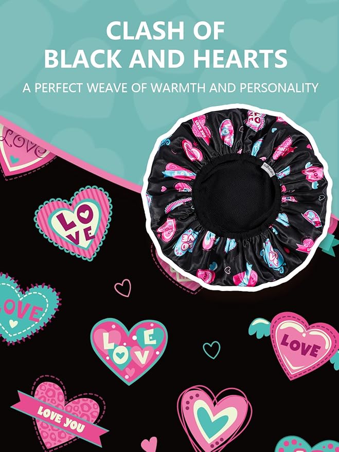 Years calm Terry Lined Shower Cap, Triple Layer Heart Motifs,Waterproof Reusable Elastic,Hair Shower Cap for Women,Terry Cloth Shower Caps for Spa,Clean,Trave (Black, One Size)