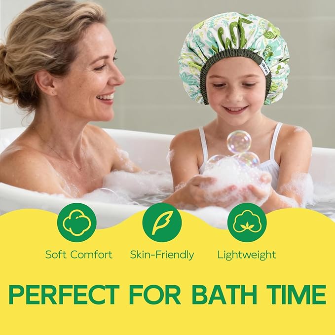 Years calm Kids Shower Cap, Waterproof Reusable Cartoon Bath Cap with Double Layers & Soft Elastic Band, Washable shower cap for kids, Great for Daily Bath