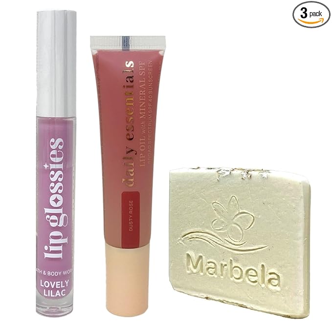 Bath & Body Works Lip Duo - Lovely Lilac Lip Glossies and Dusty Rose Lip Oil - with a Natural Oats Sample Soap