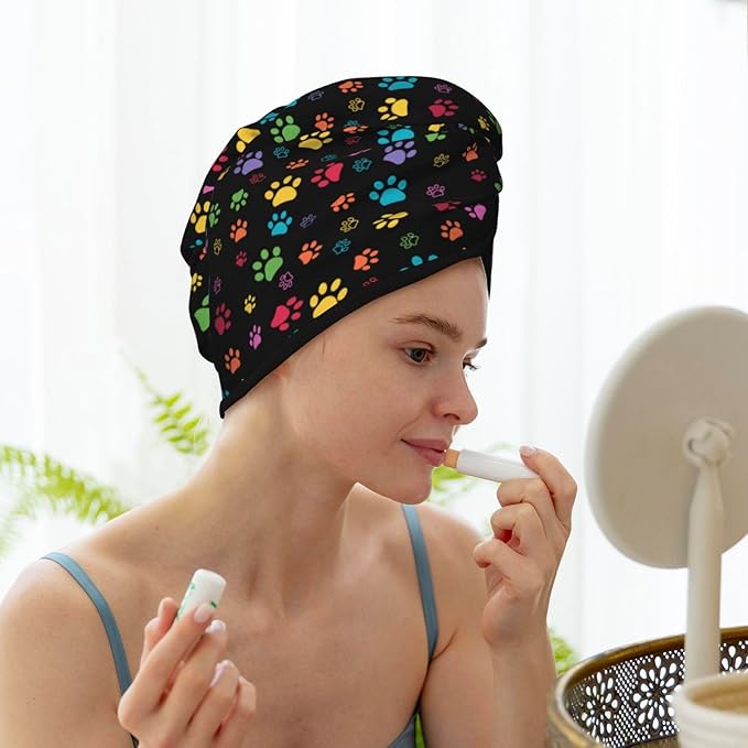 Colorful Paw Pattern Hair Towel Wrap Microfiber Fast Drying Hair Turban with Buttons for Women Drying Curly, Long & Thick Hair