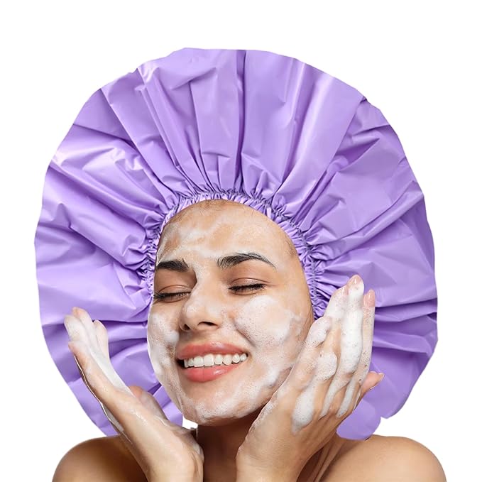 Jumbo Size Shower Cap 2 PCS Waterproof Shower Caps for Women, Extra Large Shower Cap, Reusable Super Large Bath Caps Hair Cap for Long Thick Curly Hair, Locs, Twist Braids - Black + Purple