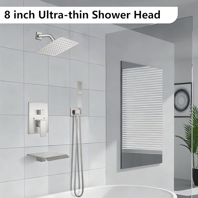 Midanya Shower System with Tub Spout,Bathtub Shower Faucet Set with Square Rainfall Head and Handheld Sprayer Wall Mount Tub Faucet Set with Valve and Trim Kit,8 Inch Brushed Nickel