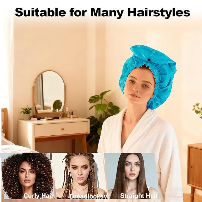ELEBOX Extra Large Shower Cap for Braids/Curly Hair/Dreadlock | Reusable Waterproof Long Bonnets for Women Bath/Swim/Cooking/Cleaning/Spa | XL Bathing Cap with Adjustable Drawstring & Button, Blue