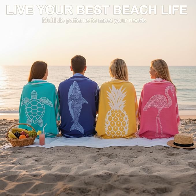 Genovega Oversized Cotton Turkish Beach Towels 72"x36" Lightweight Quick Dry Sandless Pool Swim Towel Large No Sand Compact Blanket Adult Travel Essentials Cruise Accessories Must Haves Grey Turtle