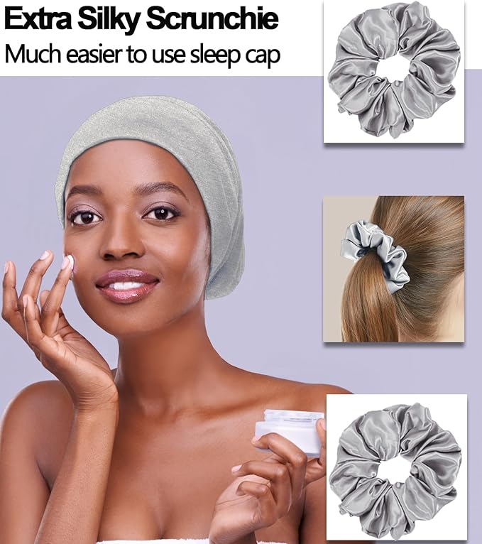 Sleep Cap Bonnet for Sleeping Black Women, Adjustable Cooling Ice Silk Lined Bonnet for Curly Braids Hair Cover Beanie Hat