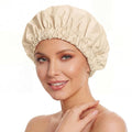Reusable Shower Cap for Women, Large Waterproof Shower Bonnet with Elastic Band, Washable Bath Hair Cap for Long, Curly Hair, Braids, Daily Shower, Home Spa, Travel(Champagne)