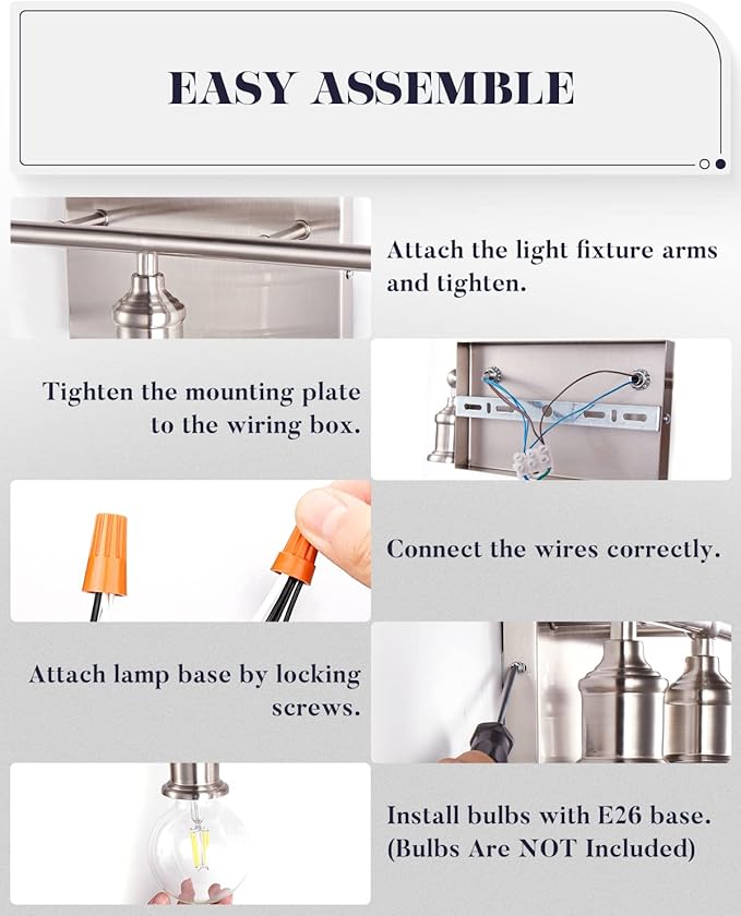3-Light Vanity Light Fixture, Modern Brushed Nickel Wall Sconce Light Fixture, Industrial Bathroom Vanity Wall Lighting for Mirror, E26 Base Indoor Wall Lamps for Hallway(Bulb Not Included)