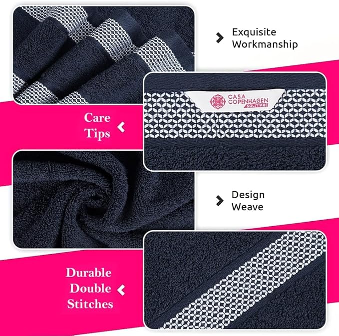 CASA COPENHAGEN Solitaire 6Pcs 100% Egyptian Cotton Large Designer Towels Gift Set- Grey Violet - Navy, 600GSM, 2Bath 2Hand 2Washcloths, Bath Towels for Bathroom Set for Women & Men