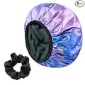 Purple Marble Print Satin Shower Cap, Three-Layer Terry Cloth Lined, with Silk Hair Ties, Microfiber Waterproof Reusable Large Size Shower Cap for Women Long Thick Hair