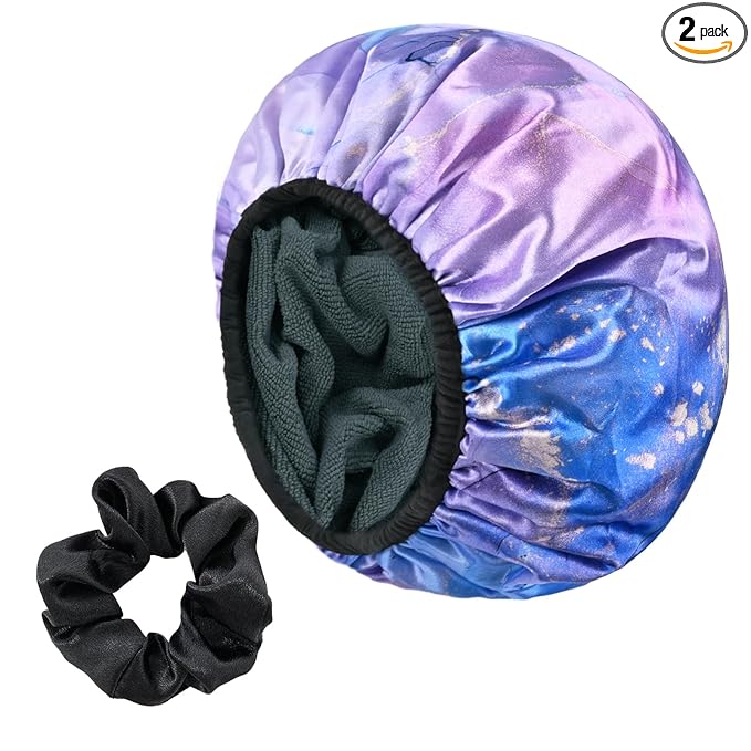 Purple Marble Print Satin Shower Cap, Three-Layer Terry Cloth Lined, with Silk Hair Ties, Microfiber Waterproof Reusable Large Size Shower Cap for Women Long Thick Hair