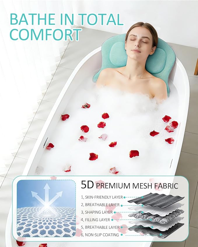 Full Body Bath Pillow for Bathtub, 5D Thick Tub Pillow for Bathtub with 192 Non-Slip Suction Cups, Laundry Bag & Hook, Bathtub Pillow for Head, Neck & Back Support (Green, 51"*15")