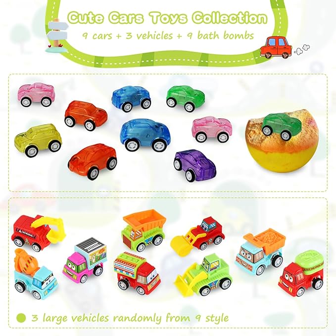 Bath Bombs for Kids with Surprise Toys Inside, 6 Pack Bath Bombs Gift Set with Pull-Back Vehicles Cars, Fun and Bright Colors Bubble Set, Car Bath Toys for Boys Girls Birthday, Easter Basket Stuffers