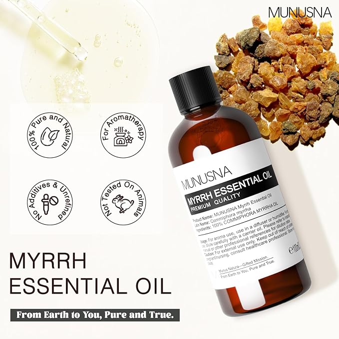 Myrrh Essential Oil 100ML, 100% Pure and Natural Myrrh Oils Aromatherapy Oil for Diffuser, Skin Care, Massage, Yoga, Home, Soap and Candle Making