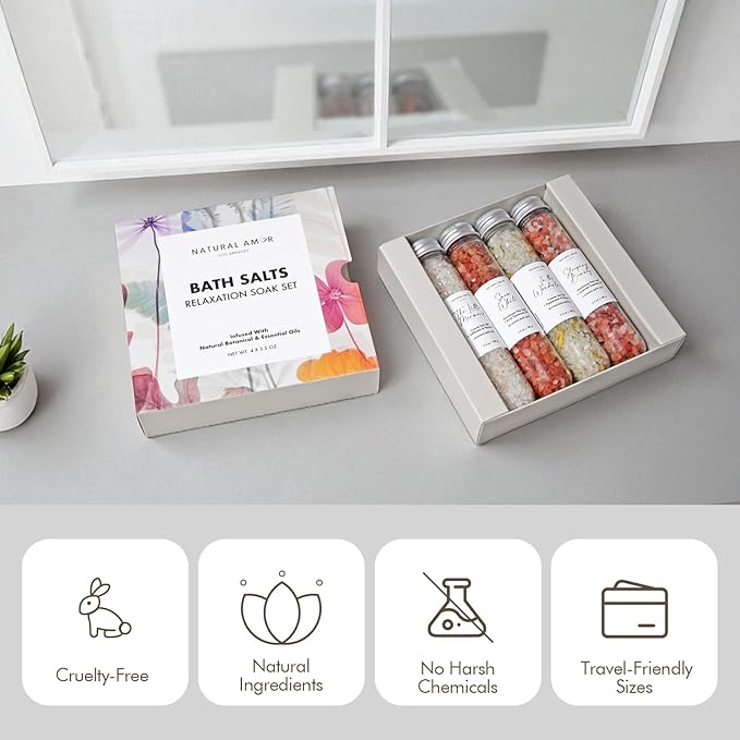 Natural Amor Natural Bath Salt Gift Set – 4 Pack Tubes with Sea Salt, Dried Flowers & Essential Oils – Lavender, Rose, Peppermint, Herbal – Relaxing Soak, Spa Gift for Women