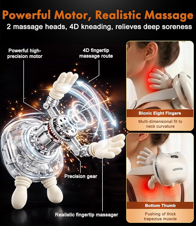 Wireless Neck Massager with Heat, Rechargeable Shiatsu Neck and Shoulder Massager for Pain Relief Deep Tissue, 4D Kneading Portable Back Massage with Simulated Human Hand Fingers for Muscle Relax Gift