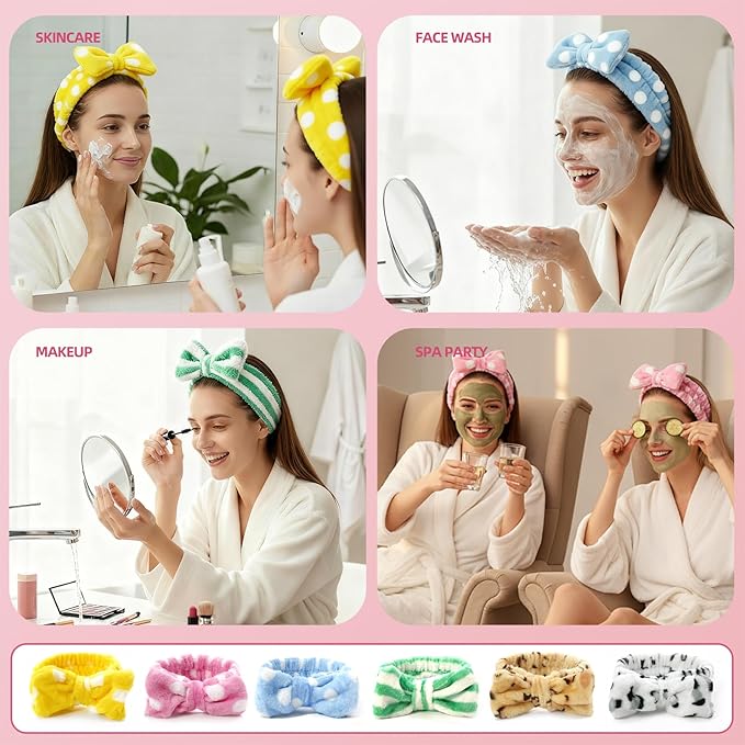 6 Pcs Spa Headband for Washing Face,Skincare Headband with Removable Bow,Furry Face wash Headbands,makeup Headbands for Women,Teen,Girls,Christmas Gift