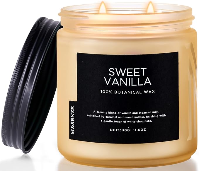 M&SENSE Vanilla Scented Candles for Home, 11.6oz Natural Soy Wax, 70-Hour Long Lasting Burning, Non Toxic Clean Burn, Warm Smelling for Stress Relief Spa, Housewarming Gift for Family Friends