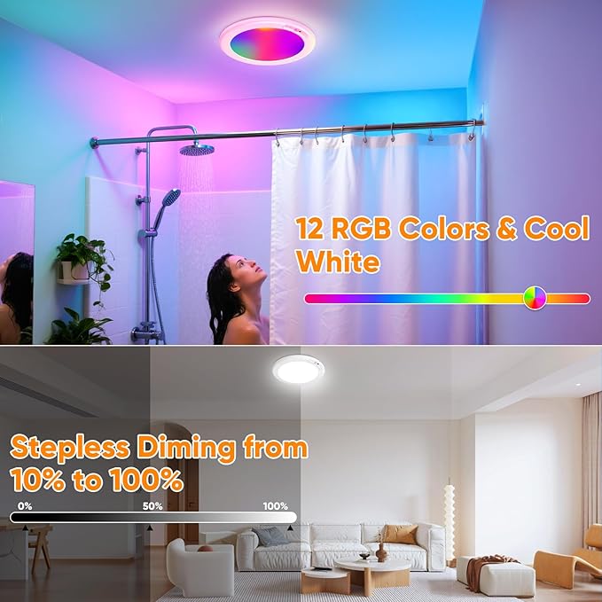 Rechargeable Motion Sensor Ceiling Light with 12 RGB Colors and Cool White Lights, Battery Operated Shower Lamp with Remote, Magnetic Motion Sensor Shower Light for Closet Bathroom Hallway Porch