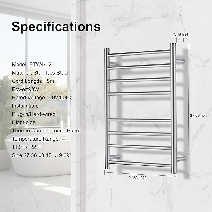 Electric Heated Towel Warmer - Wall Mounted Bathroom Towel Rack, Plug-in Design & Brushed Stainless Steel Finish 8 Bar (Polished)