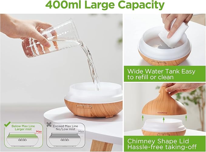InnoGear Aromatherapy Diffuser & 10 Essential Oils Set, 400ml Diffuser Ultrasonic Diffuser Cool Mist Humidifier with 4 Timers 7 Colors Light Waterless Auto Off for Mother's Gift, Yellow Wood Grain