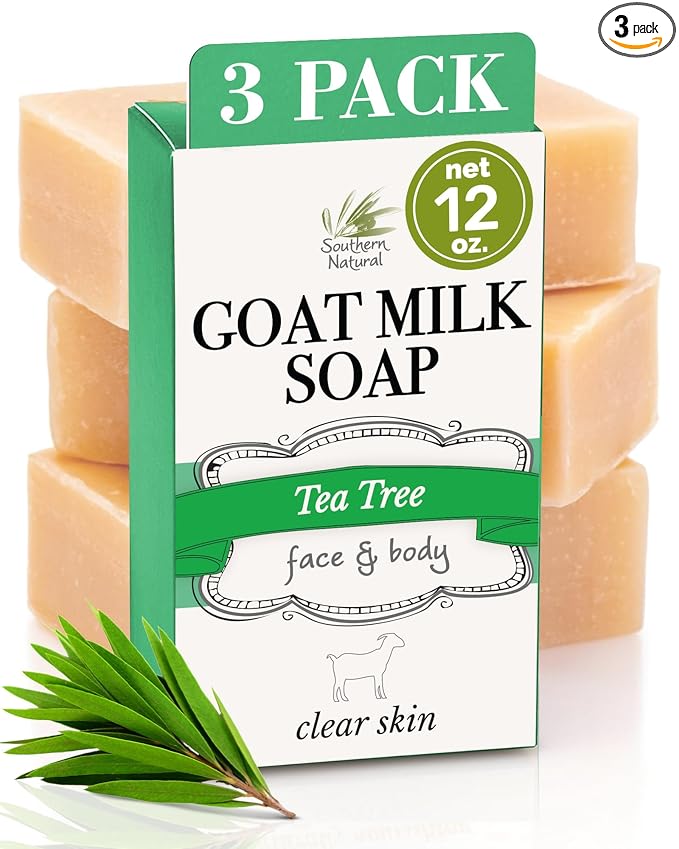 Southern Natural Goat Milk Soap Bar (Tea Tree 3 Pack) Face & Body Soap For Dry, Sensitive Skin. Natural, Handmade Soap For Men, Women & Teens