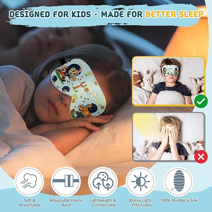 Kids Sleep Mask – 100% Mulberry Silk Eye Mask with Adjustable Strap, Soft Light Blocking Sleeping Mask for Children, Cute Printed Eye Cover for Boys Girls Ages 5-15 (Football Style)