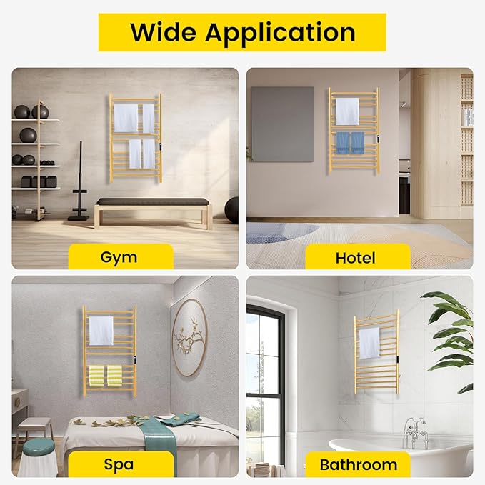 12-Bars Gold Heated Towel Rack–23" Wall Mounted Towel Warmer with Timer & Temperature Control, Stainless Steel