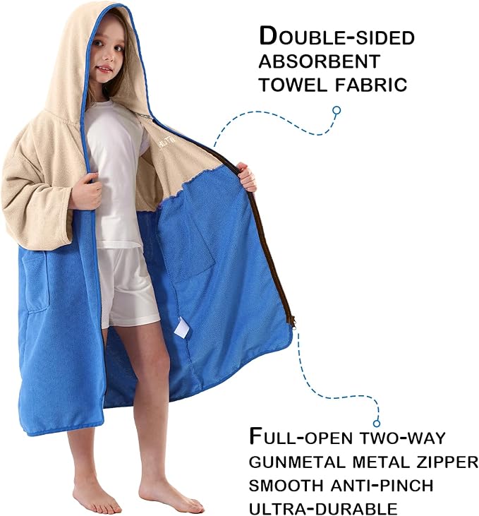 Hiturbo Kids Bath Towel Hoodie: Zipper Surf Poncho Long Sleeve Quick Dry - Absorbent Changing Towels Swimming Outerwear for Beach Pool - Beige/Blue