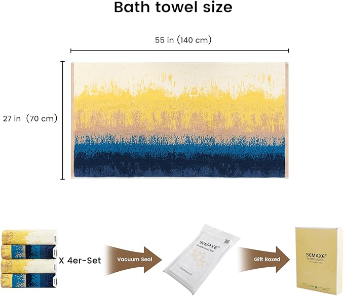 SEMAXE 4 Piece Coastal Ombre Bath Towel Set for Bathroom, 100% Cotton Bath Towel with Hanging Loop, 55 x 27 Inch, Soft Absorbent & Quick Dry, for Bathroom & Travel