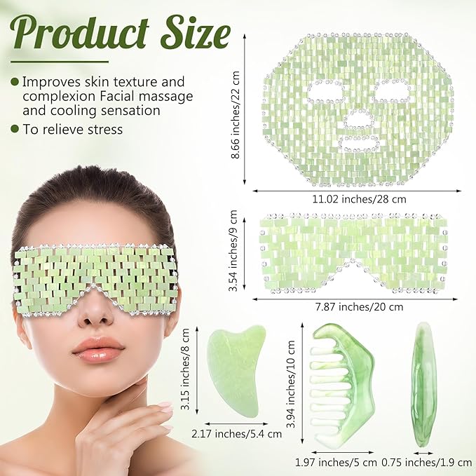 Demissle 4 Pcs Jade Eye Mask Jade Stone Facial Mask Scrap Massage Tool Hair Comb Facial Eye Cooling Stone Massage Tools for Puffy Eyes Dark Circles Gift (Light Green)