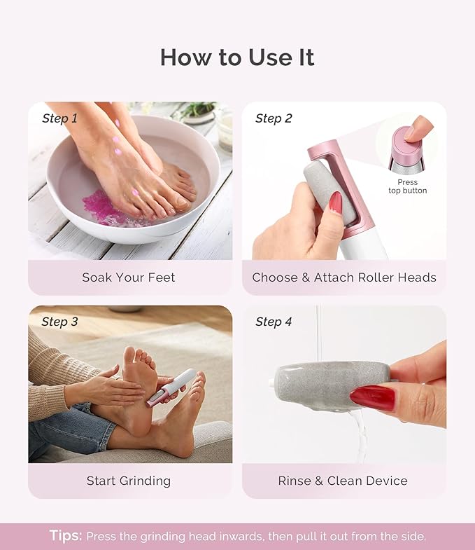 MelodySusie Electric Callus Remover for Feet, PC800G IPX7 Waterproof Rechargeable Pedicure Tool with LED Light & 3 Grits Roller Heads & Adjustable Speeds, for Dead Skin & Cracked Heel, White Rose