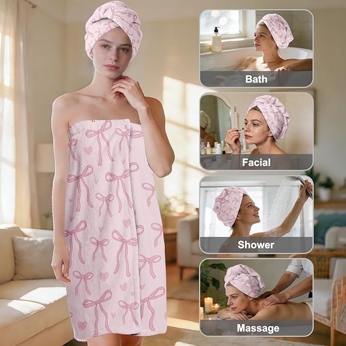Absorbent Bath Towel Wrap Set for Women, Pink Bowknot Print Towel Wrap After Shower, Microfiber Shower Robe Body Towel Wraps for Women, Quick Dry Hair Towels Wraps for Spa Hotel Beach Girl
