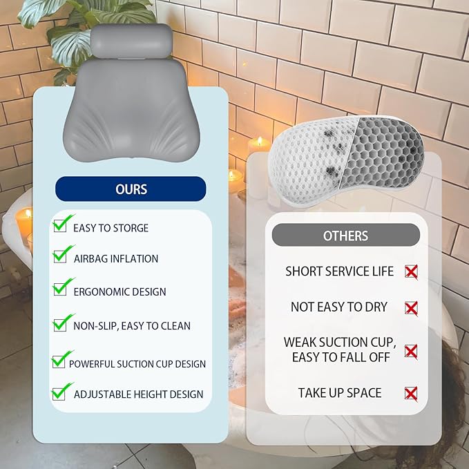 4D Silicone Bath Pillow for Tub, Upgraded Adjustable Bathtub Pillow Head Neck Back Support with Suction Cups, Quick-Dry and Non-Slip Bath Pillow Luxury Bathtub Pillow, Spa Gifts for Women, Mom (Grey)