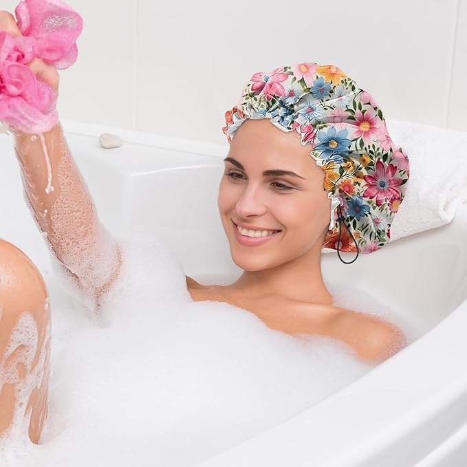 2 PCS Shower Cap Waterproof Double Layer Elastic Adjustable Reusable Hair Bath Caps for Girls Women Cute Aesthetic-Red Pink