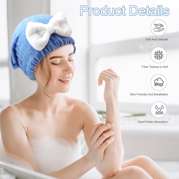 Microfiber Hair Towel Wrap for Women, 3-Pack Super Absorbent Hair Drying Cap with Cute Bow, Anti-Frizz Plopping Towel for Curly and Long Hair, Fast Drying Hair Turban for Shower, Spa, Makeup