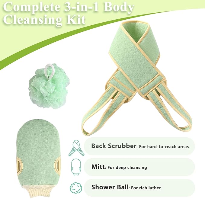 Exfoliating Glove and Back Scrubber for Shower - 3-Piece Exfoliating Mitt Set with Bath Sponge - Deep Skin Cleansing Body Scrubber for Dead Skin Removal, Self-Tan (Green)