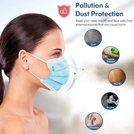 HDFK Face Mask Disposable Adults 3Ply Non-Woven with Nose Clip Ear Loop Blue 50Pack