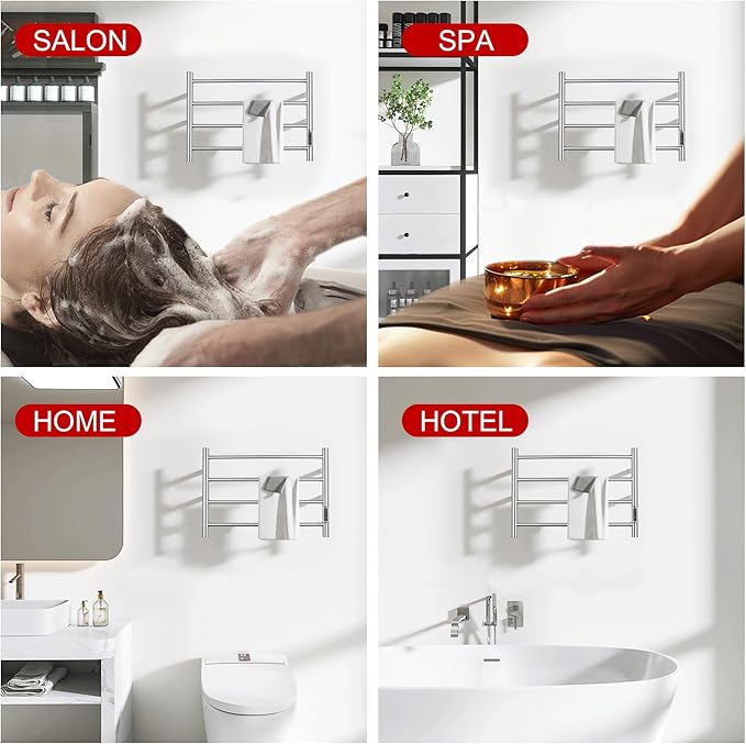 Heated Towel Racks for Bathroom, Wall Mounted Electric Towel Warmer Racks with Timer & Temperature Control, Stainless Steel Towel Heater for Bathroom, Brushed (Round-Brushed Silver, 4 Bars)