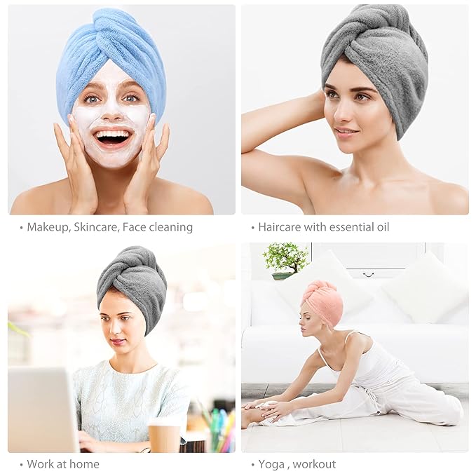 BEoffer Microfiber Hair Towel, 3 Packs Hair Turbans for Women, Men,Kids, Quick Dry Hair Wrap Towels for Curly,Long, Curly Hair Anti Frizz (Gray+Pink+Blue)