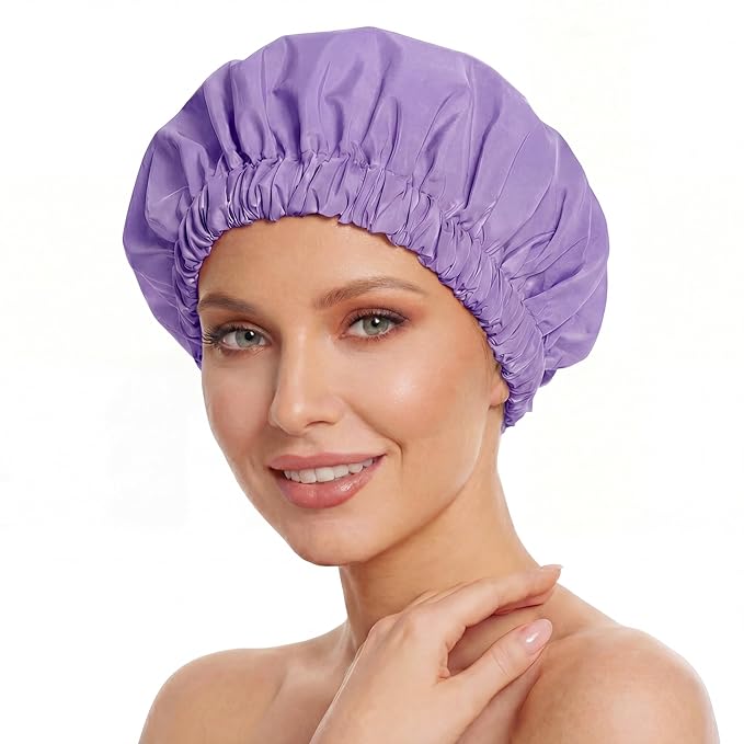 Reusable Shower Cap for Women, Large Waterproof Shower Bonnet with Elastic Band, Washable Bath Hair Cap for Long, Curly Hair, Braids, Daily Shower, Home Spa, Travel(Purple)