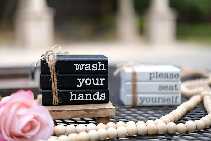 LIVDUCOT Farmhouse Mini Book Stack for Bathroom Decor Accessories Half Bath Decor Wooden Mini Books for Restroom Shelf Decorative Accent for Guest Bathroom,2 Signs in 1 Reversible