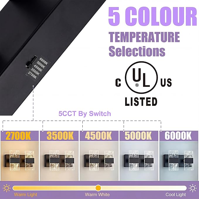 Modern LED Bathroom Light Fixtures Dimmable 2-Light Black Vanity Light, 5CCT Adjustable Lighting Fixture Vanity Lights Over Mirror, Smoked Acrylic LED Vanity Lights for Bathroom