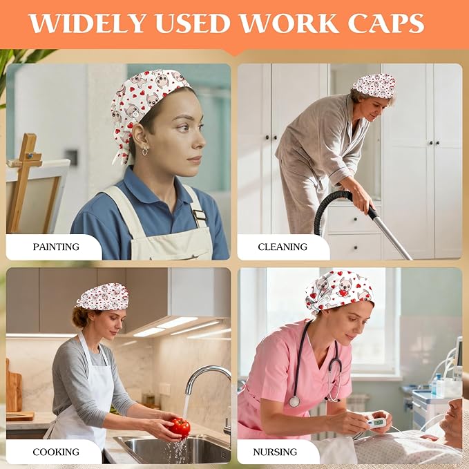 Adjustable Scrub Cap with Buttons & Sweatband, Working Hat with Elastic Tie Back, Unisex Nurse Surgical Caps for Women & Men