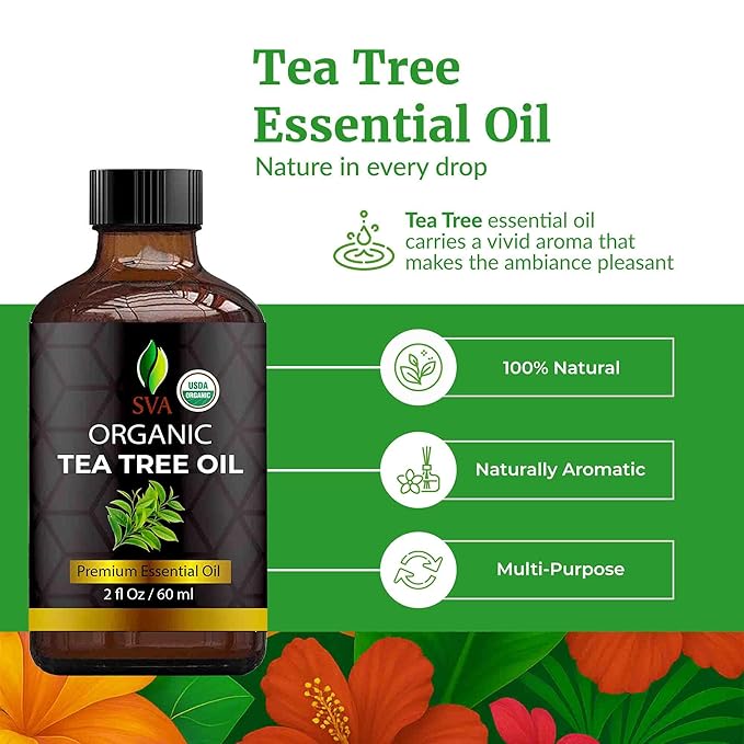 SVA Tea Tree Essential Oil Organic – 2 Fl Oz – 100% Natural Organic Tea Tree Oil - for Diffuser, Hair, Face, Skin Care, Aromatherapy, Scalp and Body Massage, Soap and Candle Making - with Dropper