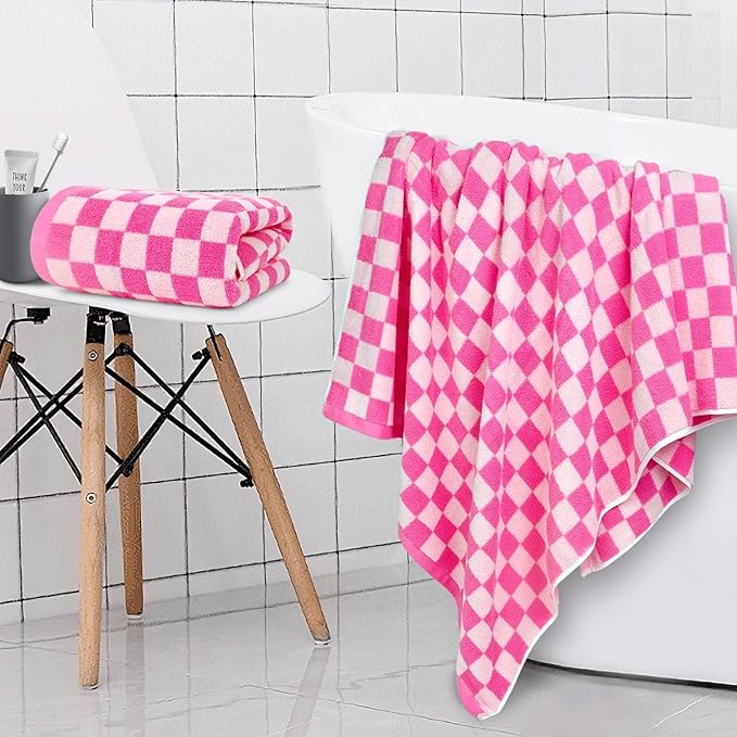 Jacquotha Hot-Pink Checkered Cotton Bath Towels Set of 2 - Cute Aesthetic Bathroom Towels for Women Girls Teens, Bathroom Decor 27.5" x 55"