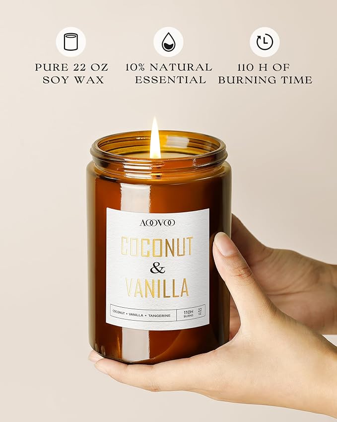 AOOVOO Vanilla Coconut Candle - Large Scented Candles 22oz, Soy Candles, Aromatherapy Candle, Soy Wax Candle