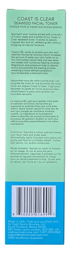 Eight Saints Coast is Clear Seaweed Anti Aging Face Toner, Alcohol Free Toner for Face, Minimizes Large Pores and Redness, with Witch Hazel, Sea Water, and Kelp, 6 Ounces