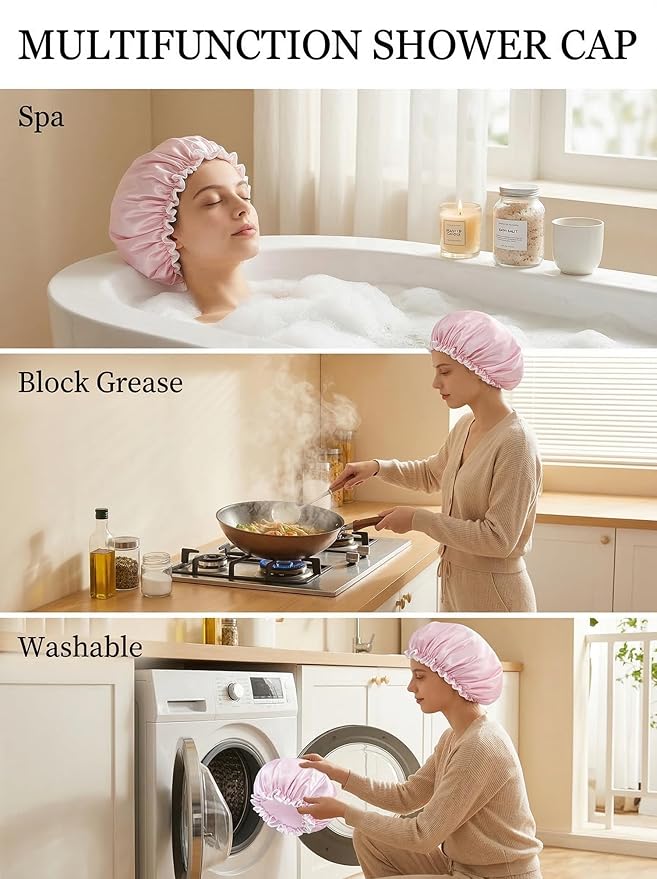 Aquior Shower Cap for Women, Waterproof Reusable Hair Cap with Soft Elastic, Large Size for Long Hair, Cute Pink Bath Cap for Shower, Skincare, Cooking, Spa and Travel Use